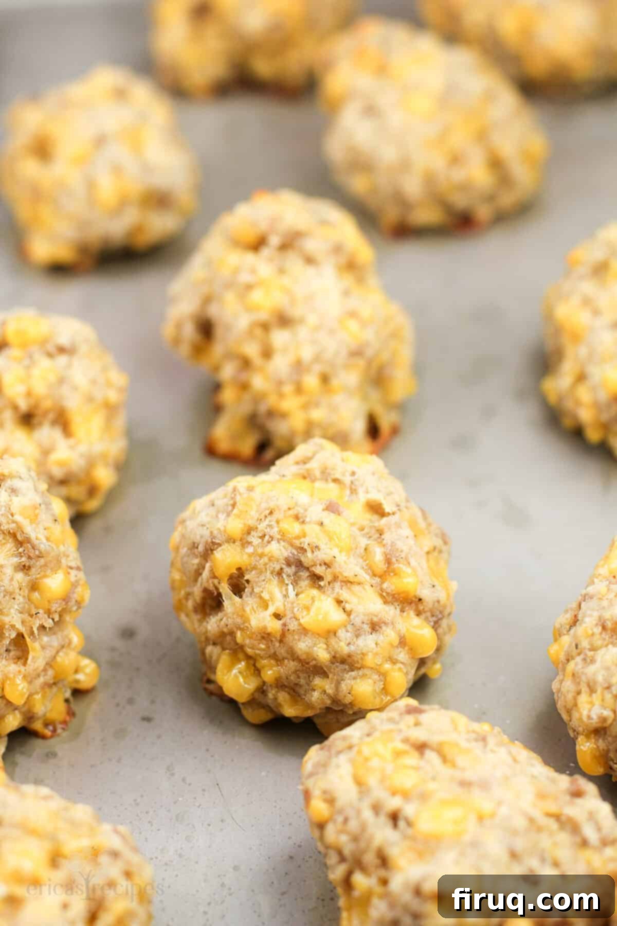 Quick 3 Ingredient Bisquick Sausage Balls 7 Freshly baked golden-brown Bisquick sausage balls on a baking sheet, glistening and ready to serve