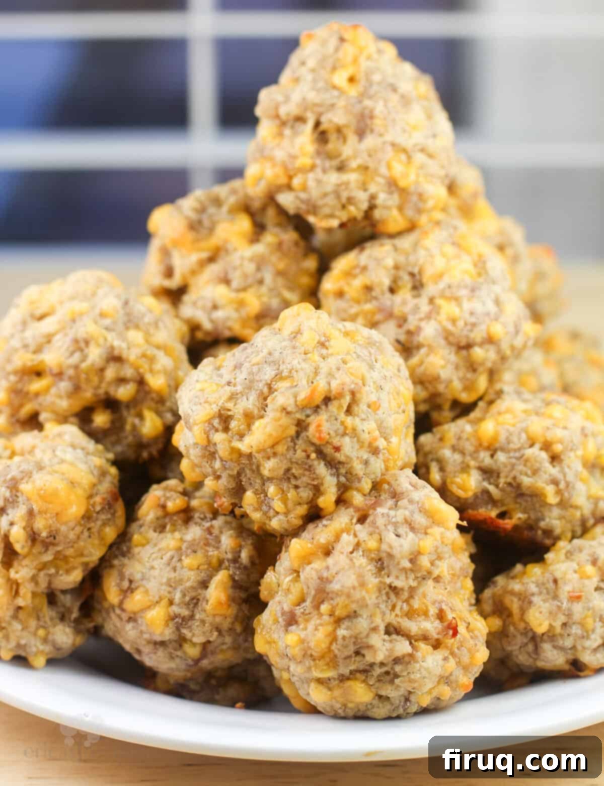Quick 3 Ingredient Bisquick Sausage Balls 8 A stack of golden-brown, prepared Bisquick sausage balls on a white plate, ready to be enjoyed