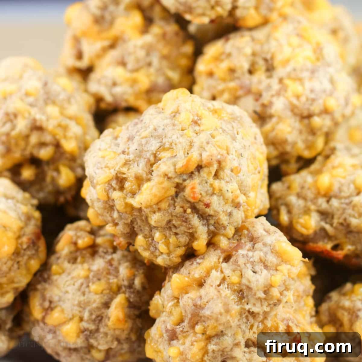 Quick 3 Ingredient Bisquick Sausage Balls 9 close view of prepared Bisquick sausage balls