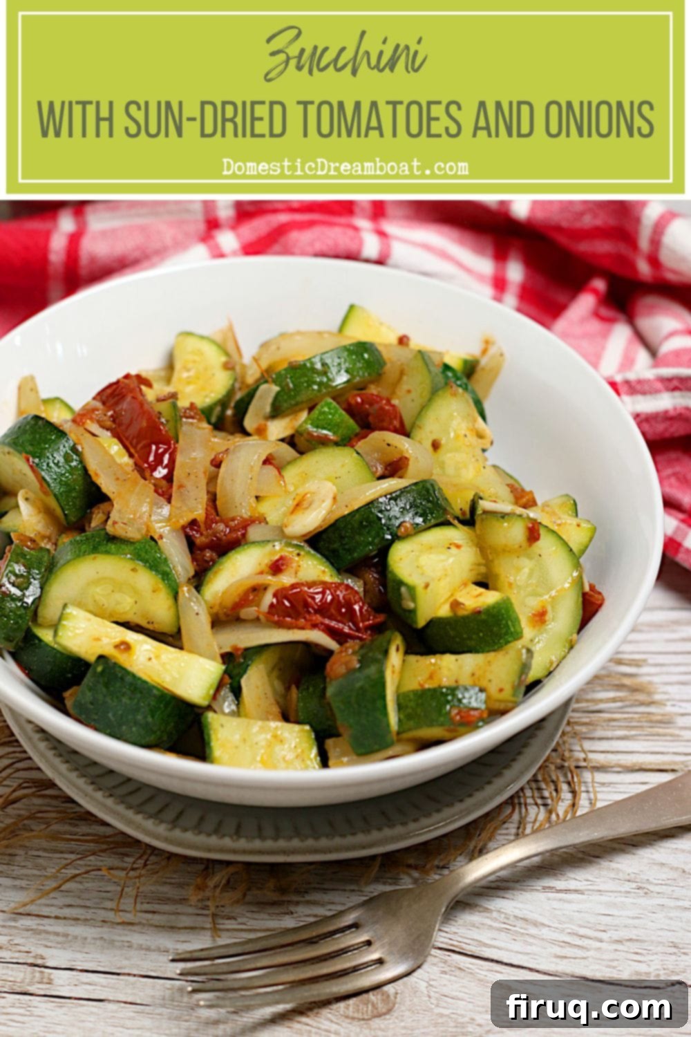 Delicious Zucchini with Sun-Dried Tomatoes and Onions Close-up of Zucchini with Sun-Dried Tomatoes and Onions in a serving bowl.