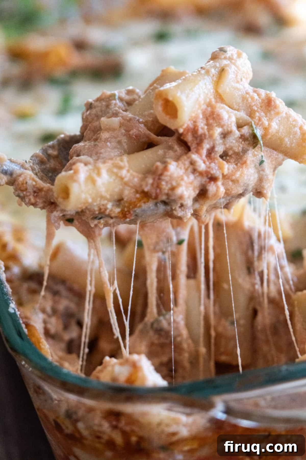 Homestyle Italian Baked Ziti 12 Cheesy pull of baked ziti on a spoon being scooped from the baking dish