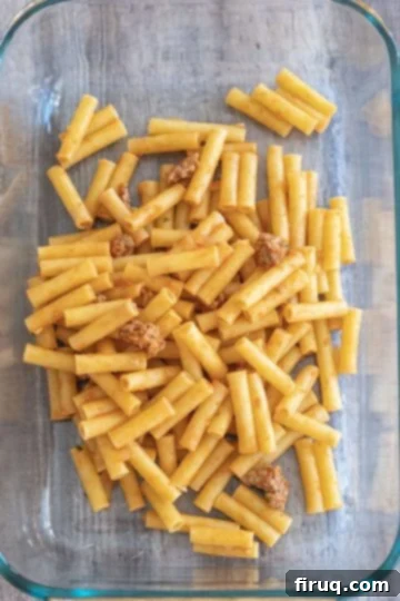Homestyle Italian Baked Ziti 8 first layer of pasta in the baking dish