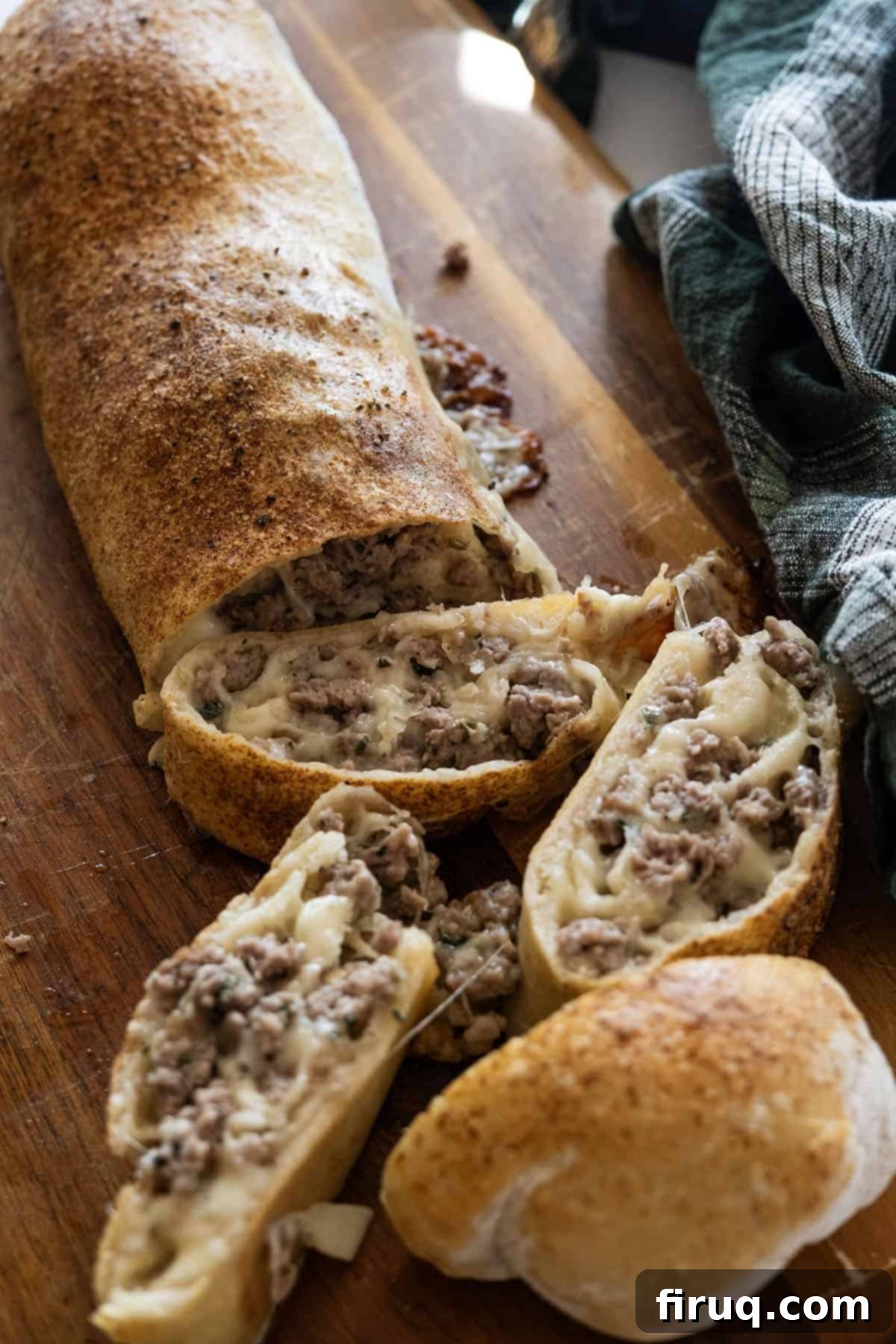 Savory Italian Sausage Bread 2 Italian sausage bread cut open, revealing a delicious filling of sausage and melted cheese.
