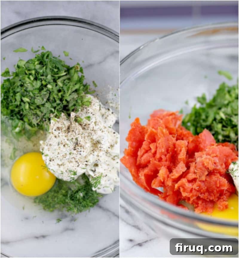 Exquisite Smoked Salmon Tartlets 3 collage showing the ingredients in a bowl on the left, then with salmon on the right