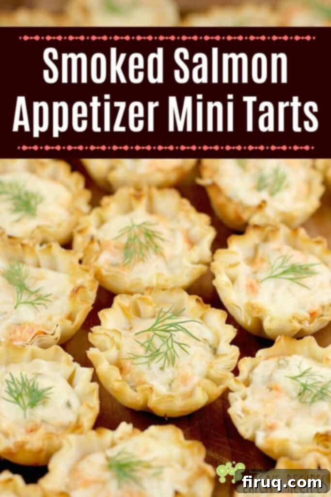 Exquisite Smoked Salmon Tartlets 8 pinnable image with finished tarts and text of recipe title