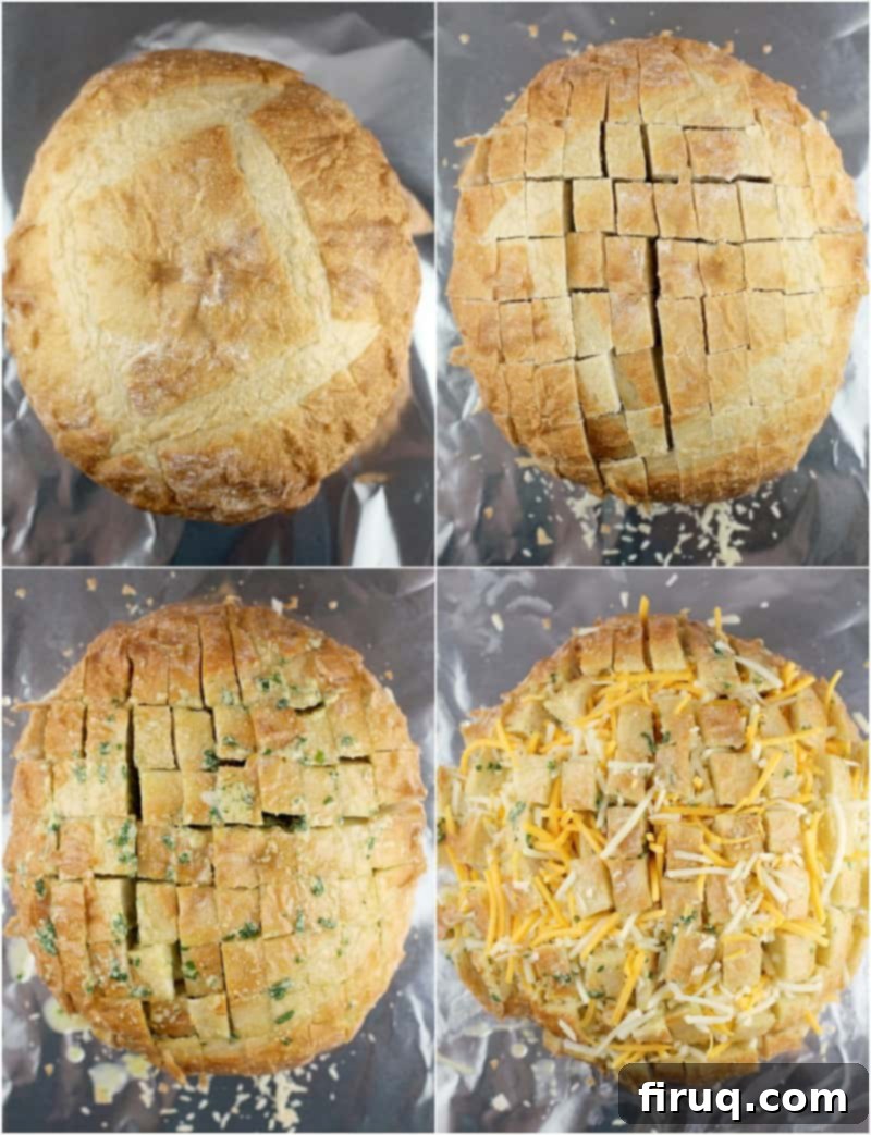 Loaded Cheesy Garlic Bread 8 A collage of 4 photos showing the process to make the stuffed bread: uncut bread loaf; cut bread loaf; the loaf with the butter mixture in the cracks; cheese stuffed in the cracks, illustrating the preparation steps.