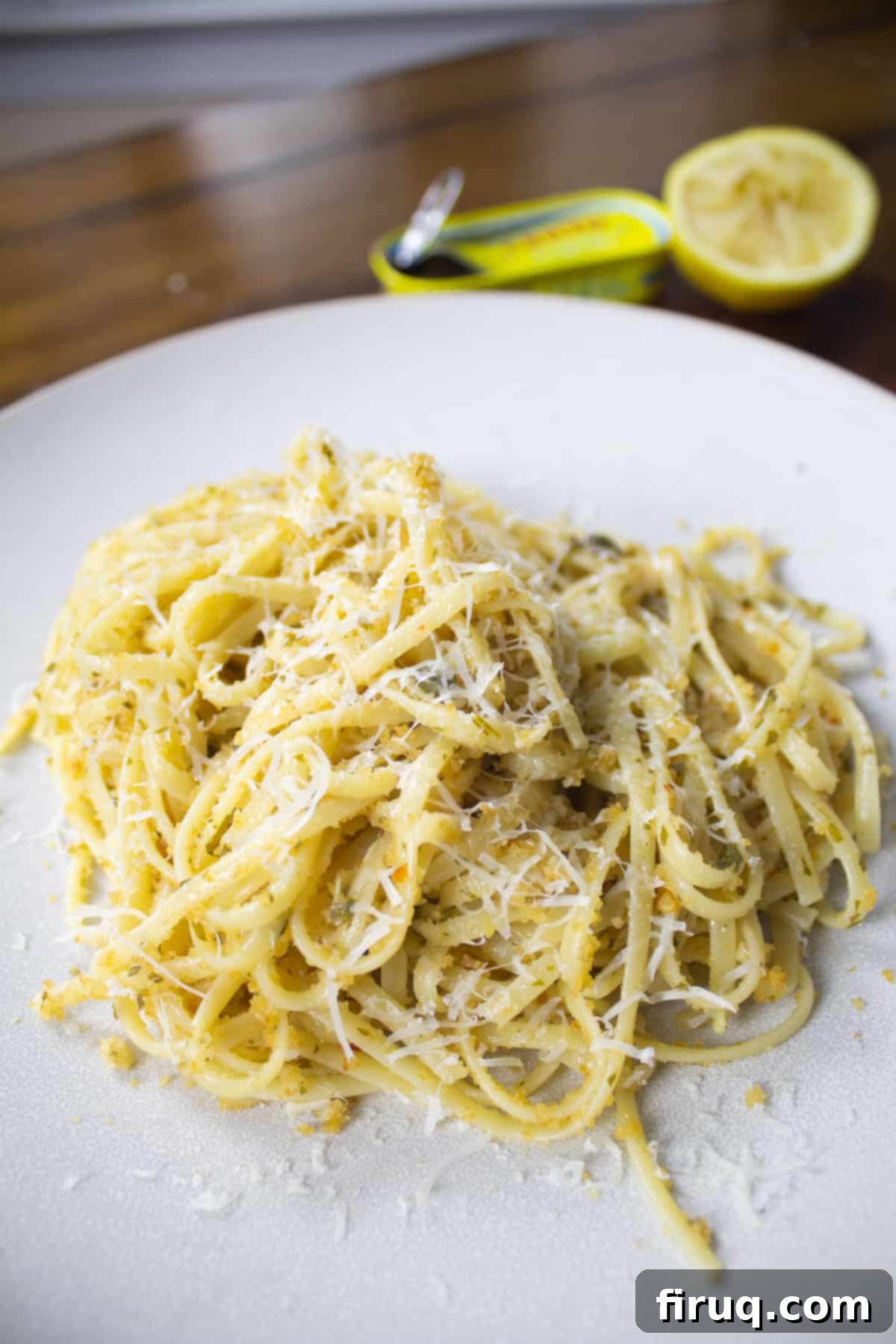 Crispy Breadcrumb Anchovy Garlic Pasta 2 Close up of garlic anchovy pasta, showing rich sauce and herbs