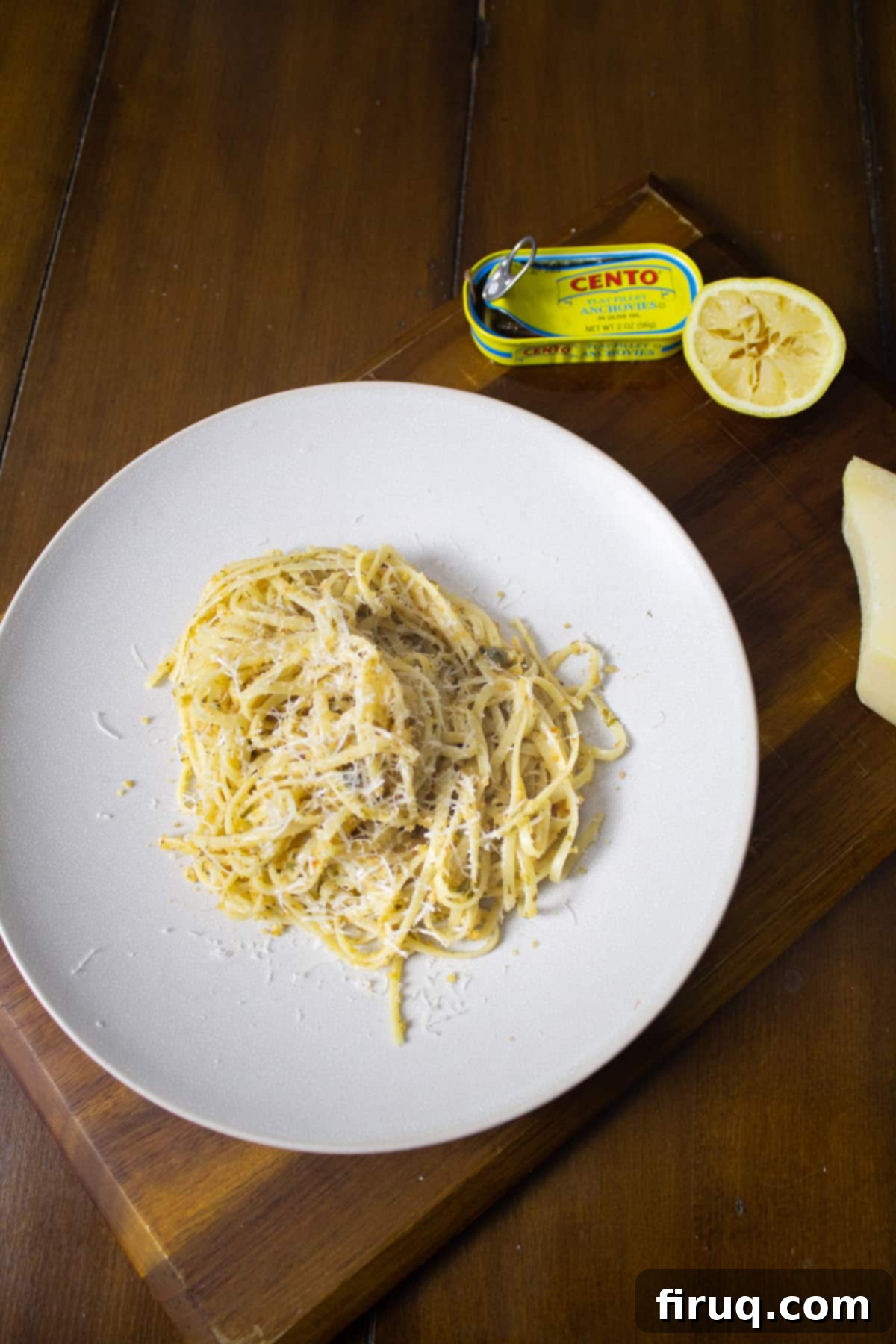 Crispy Breadcrumb Anchovy Garlic Pasta 3 Lemon Garlic Anchovy Pasta plated to be served, garnished with fresh herbs