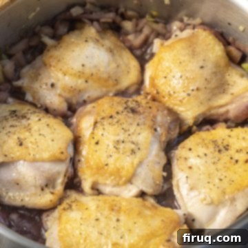 Crimson Wine Fennel Chicken Thighs 7 Chicken thighs braising gently in a bubbling red wine and fennel sauce, absorbing the rich flavors.