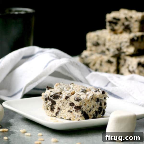 Decadent Cookies and Cream Crispy Treats 2 Cookies and cream rice krispie square on a plate
