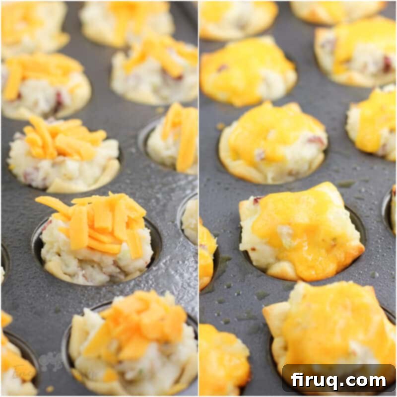 Creamy Ranch Mashed Potato Cups 11 collage of 2 photos: left, uncooked potato cups topped with cheese; right, cooked potato cups, showing before and after baking