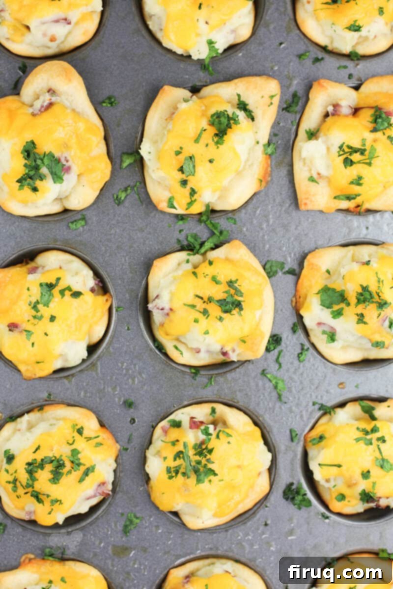 Creamy Ranch Mashed Potato Cups 3 top down view of crescent cups in mini muffin tin, ready to be baked, showing the golden dough and potato filling