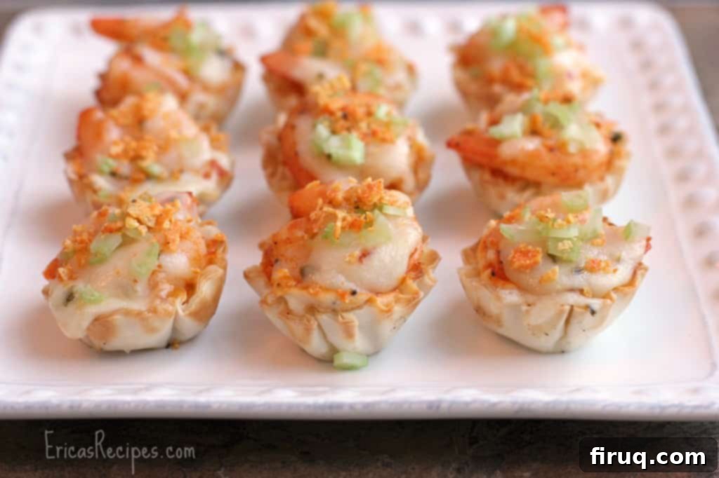 Creamy Ranch Mashed Potato Cups 5 mini tarts on white plate, featuring Buffalo Shrimp Bites