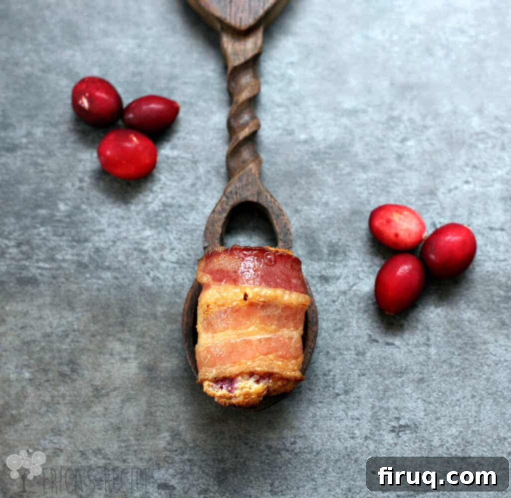 Creamy Ranch Mashed Potato Cups 7 bacon wrapped bite on wood spoon, cranberries sprinkled around; blue background, for Cranberries 'N Cream Bacon Bites