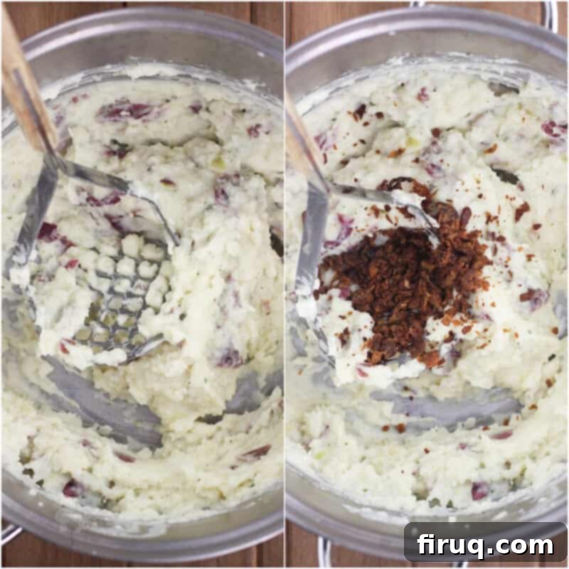 Creamy Ranch Mashed Potato Cups 9 collage of 2 photos: left, ranch mashed potatoes in pot with masher; right, bacon added to potatoes, illustrating the mashed potato preparation