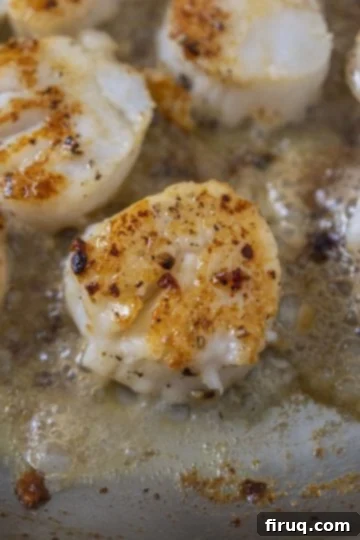 Sizzling Garlic Sage Scallops 6 seared scallops flipped to cook on the second side