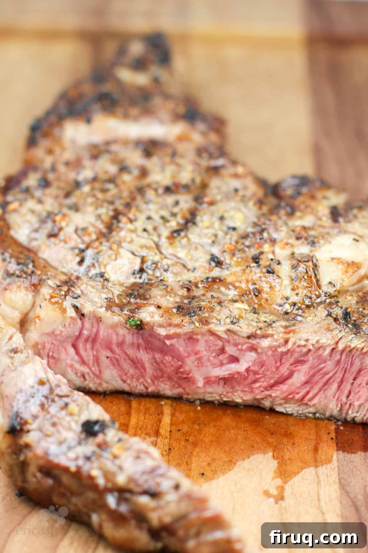 Grilled Steak with Zesty Horseradish Dijon 3 Perfectly grilled steak, sliced to reveal a pink, medium-rare center, resting on a rustic wooden cutting board.