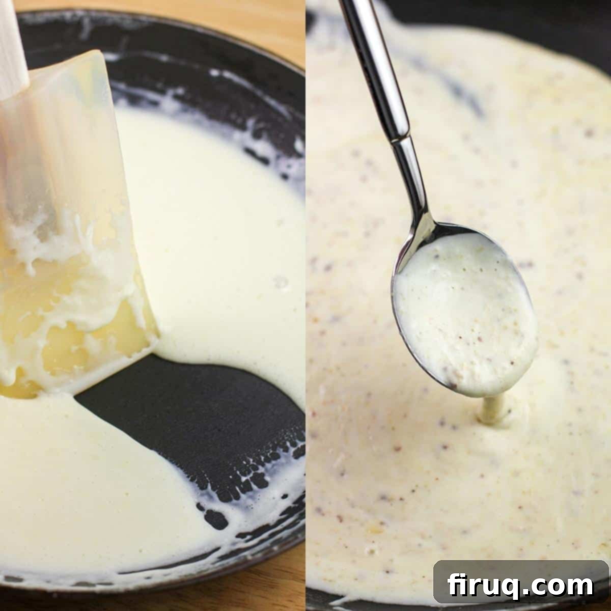 Grilled Steak with Zesty Horseradish Dijon 4 A collage of two images: left shows thickened heavy cream being stirred in a skillet with a rubber spatula; right shows a spoon holding a spoonful of creamy horseradish Dijon sauce.