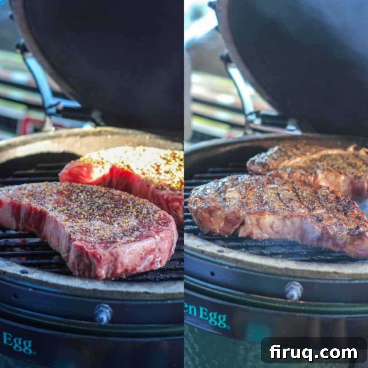Grilled Steak with Zesty Horseradish Dijon 6 A collage of two photos: left shows raw steaks sizzling on a hot grill grate; right shows cooked, perfectly seared steaks on the grill with grill marks.