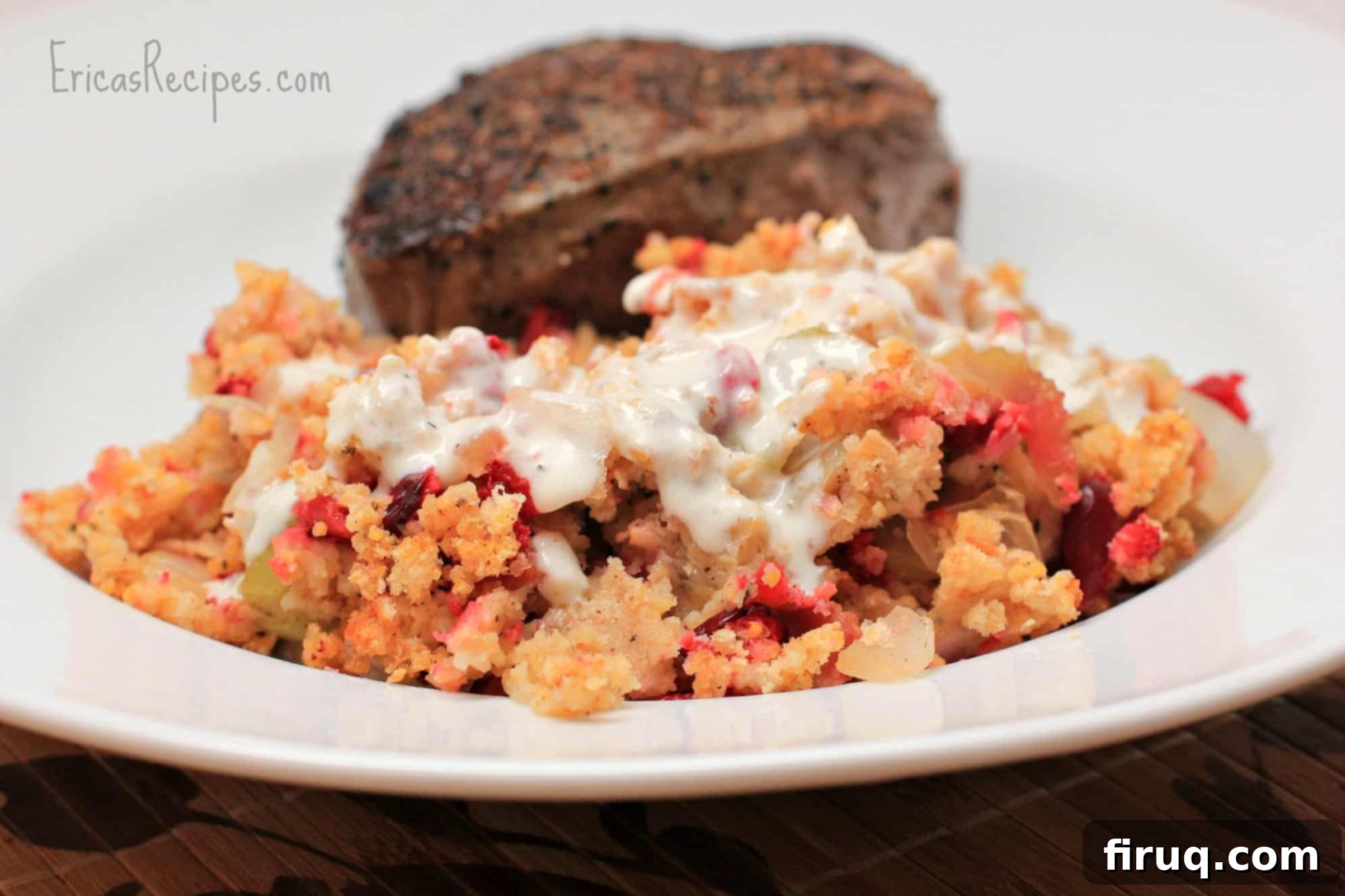 Savory Cornbread Stuffing with Cranberry and Bacon 2 Cranberry & Bacon Cornbread Stuffing ready to be served