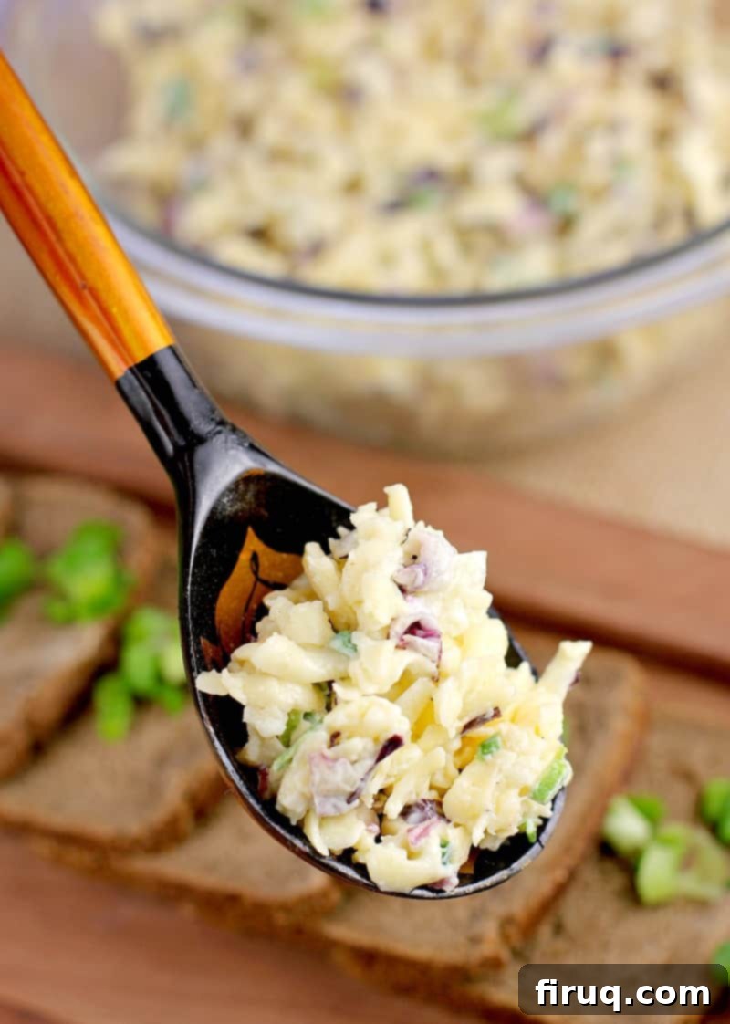 Imperial Russian Garlic Cheese 2 A rustic Russian spoon holds a mound of creamy Russian garlic cheese, with party bread and other ingredients blurred in the background, highlighting this easy appetizer recipe.