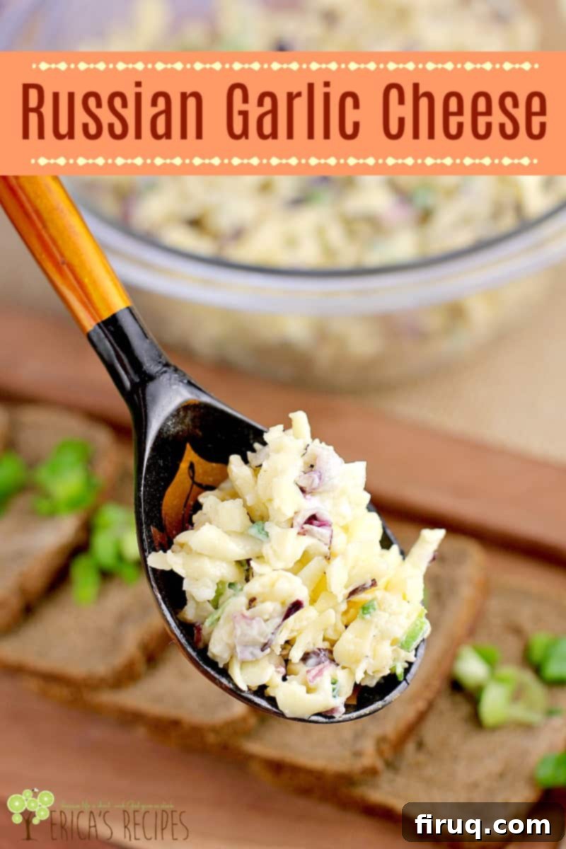 Imperial Russian Garlic Cheese 8 Pinterest image with text overlay: 'Russian Garlic Cheese is an easy appetizer for a party! Creamy and so flavorful, make this Russian appetizer for cheese salad ahead for easy entertaining.'