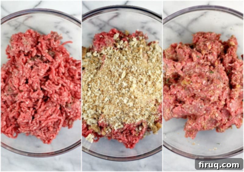 Mom's Meatloaf 5 collage of 3 photos: ground beef in a glass bowl; stuffing poured over the beef; the fully mixed meat and ingredients