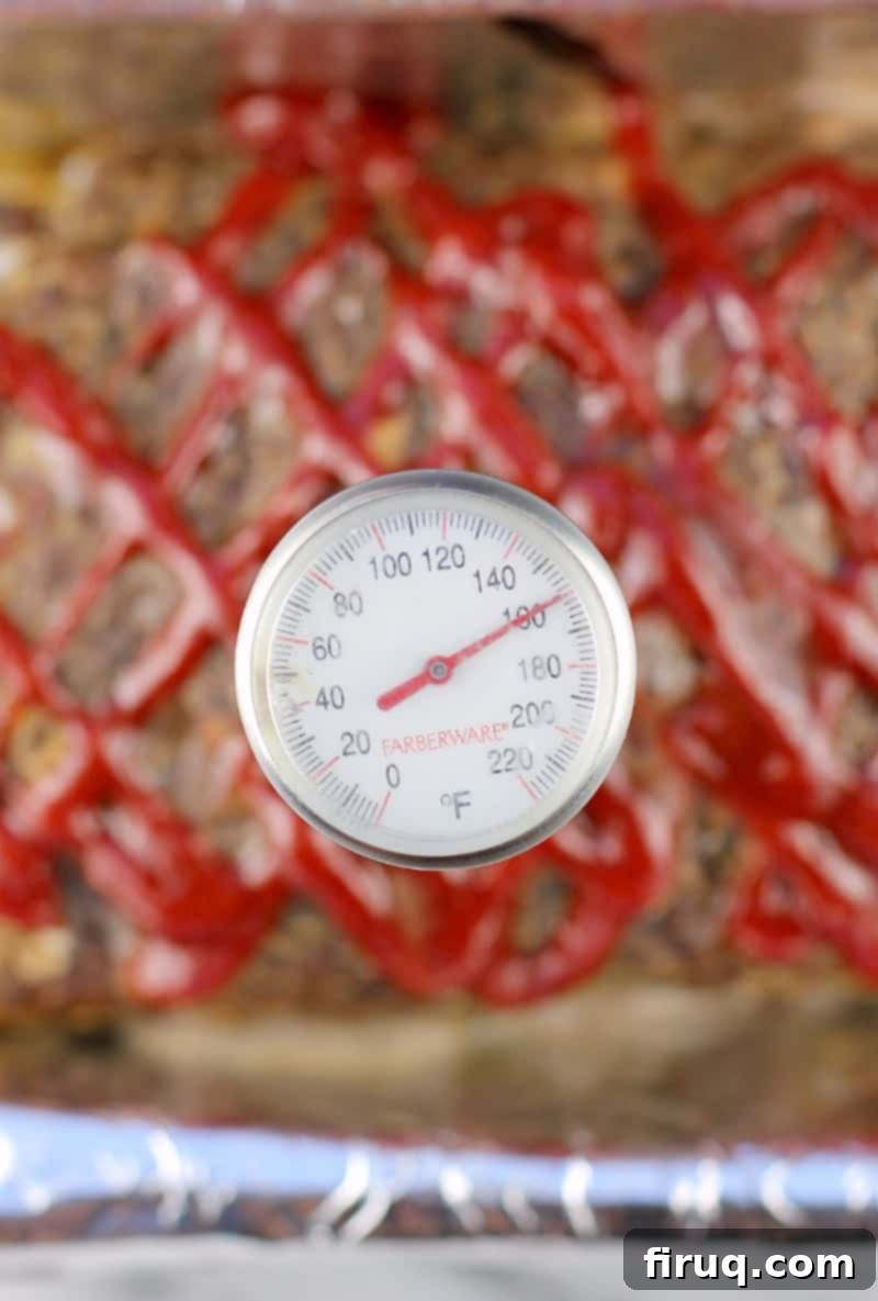 Mom's Meatloaf 8 close view of the meat thermometer showing the red pointer right at 160 degrees