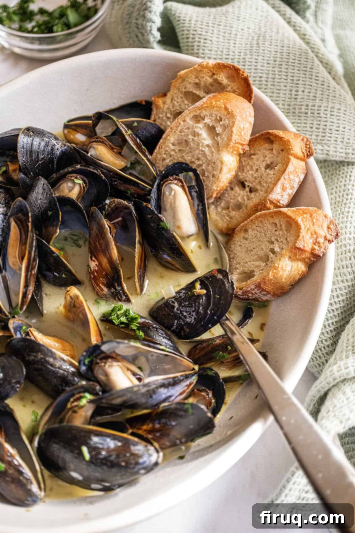 Mussels Infused with White Wine 2 Steamed mussels in a serving bowl filled with white wine sauce and crostini on the side.