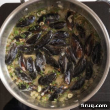 Mussels Infused with White Wine 7 Mussels in a pan of simmering white wine.