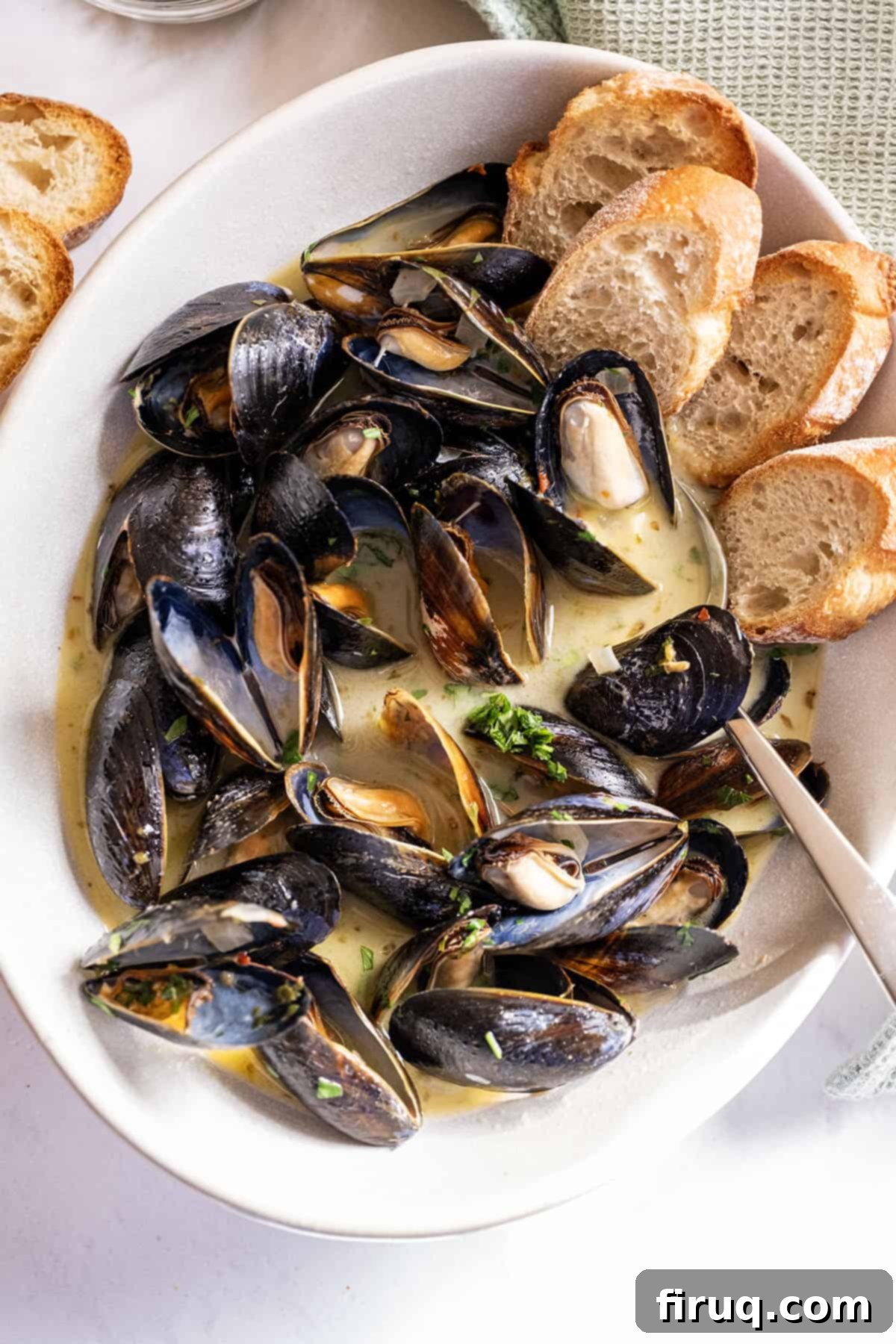 Mussels Infused with White Wine 10 Steamed mussels in a serving bowl filled with white wine sauce and crostini on the side.