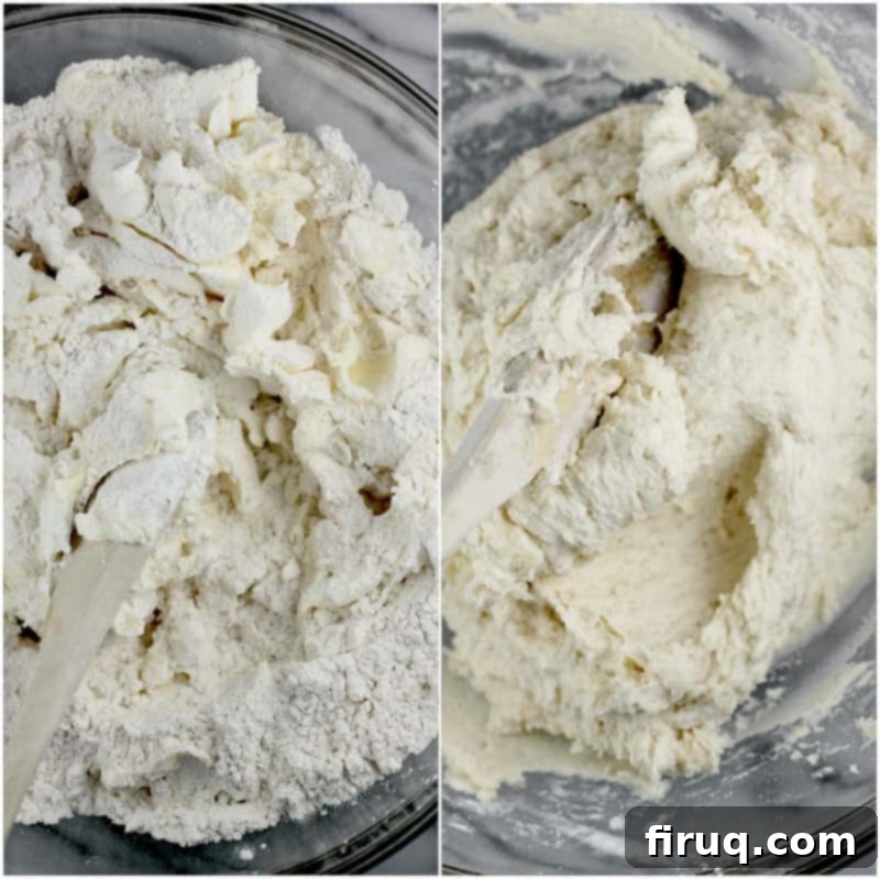 Velvet Cherry Cookie Tarts 4 collage of 2 photos to show making the cream cheese cookie dough: left is just starting to mix the ingredients in a glass bowl with a wooden spoon; right is the combined ingredients