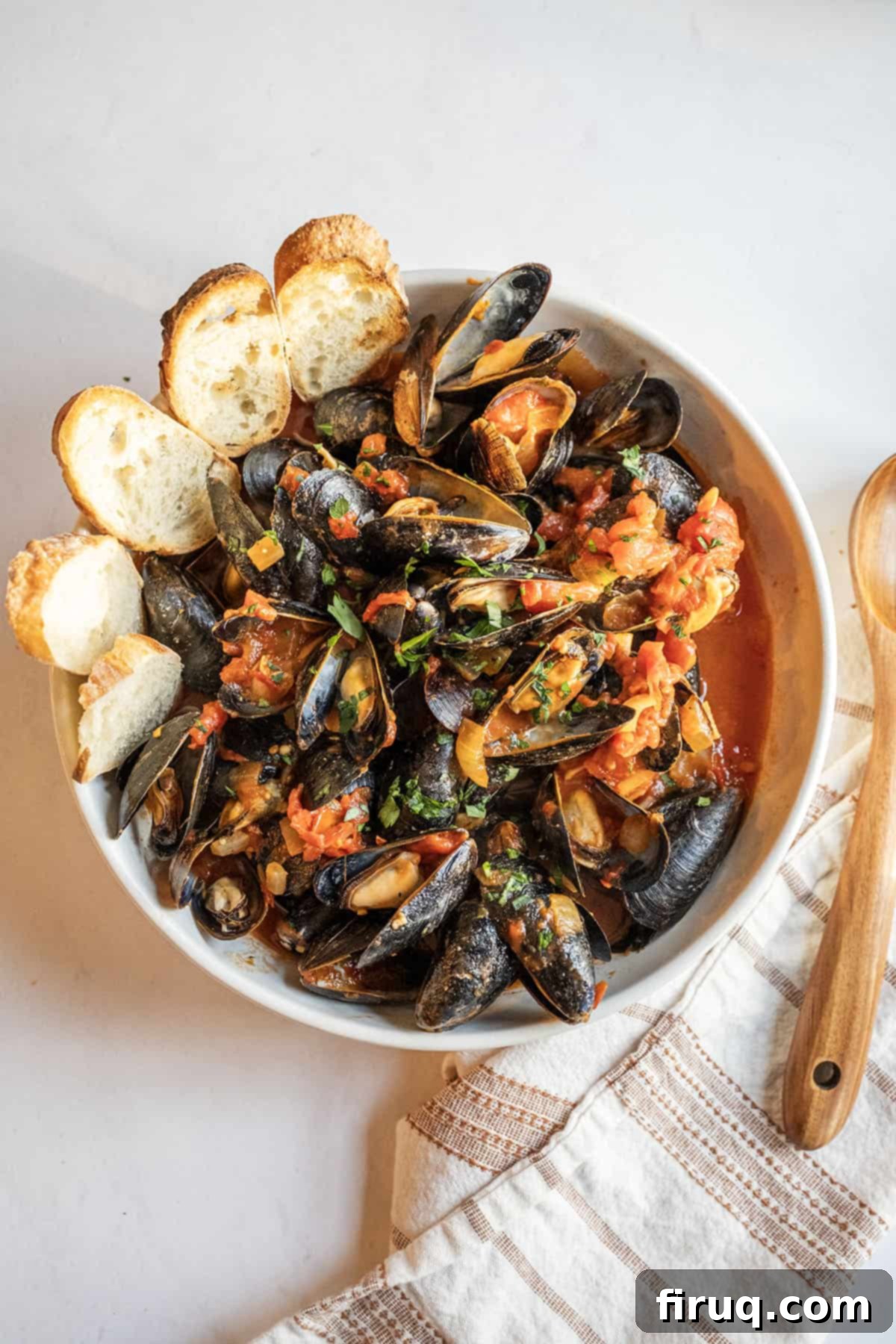 Christmas Eve's Seven Fishes Feast 2 Mussels Fra Diavolo with crusty Italian bread in a serving bowl.