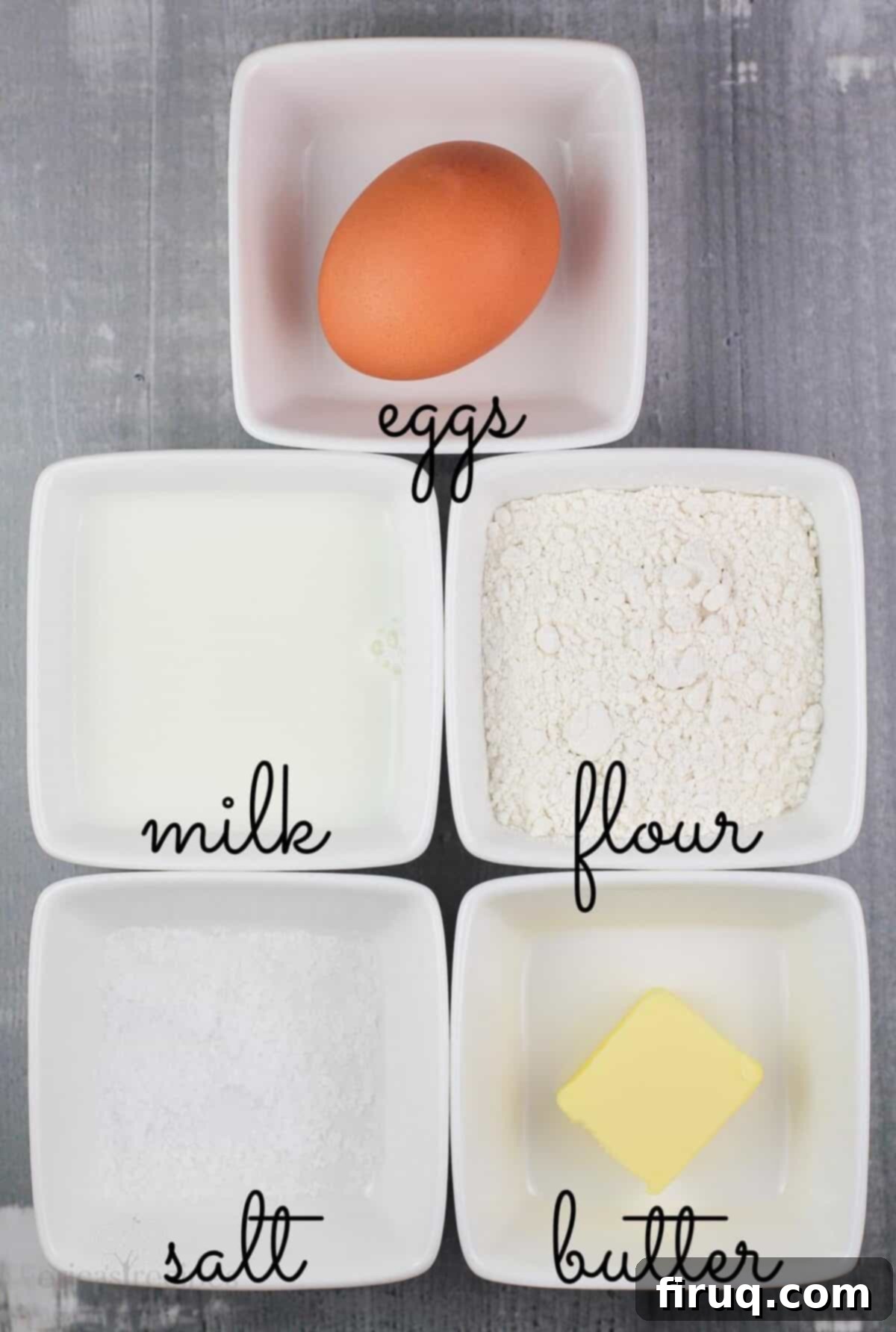 Fluffy Popover Perfection 4 5 small white bowls with ingredients labeled eggs, milk, flour, salt, butter