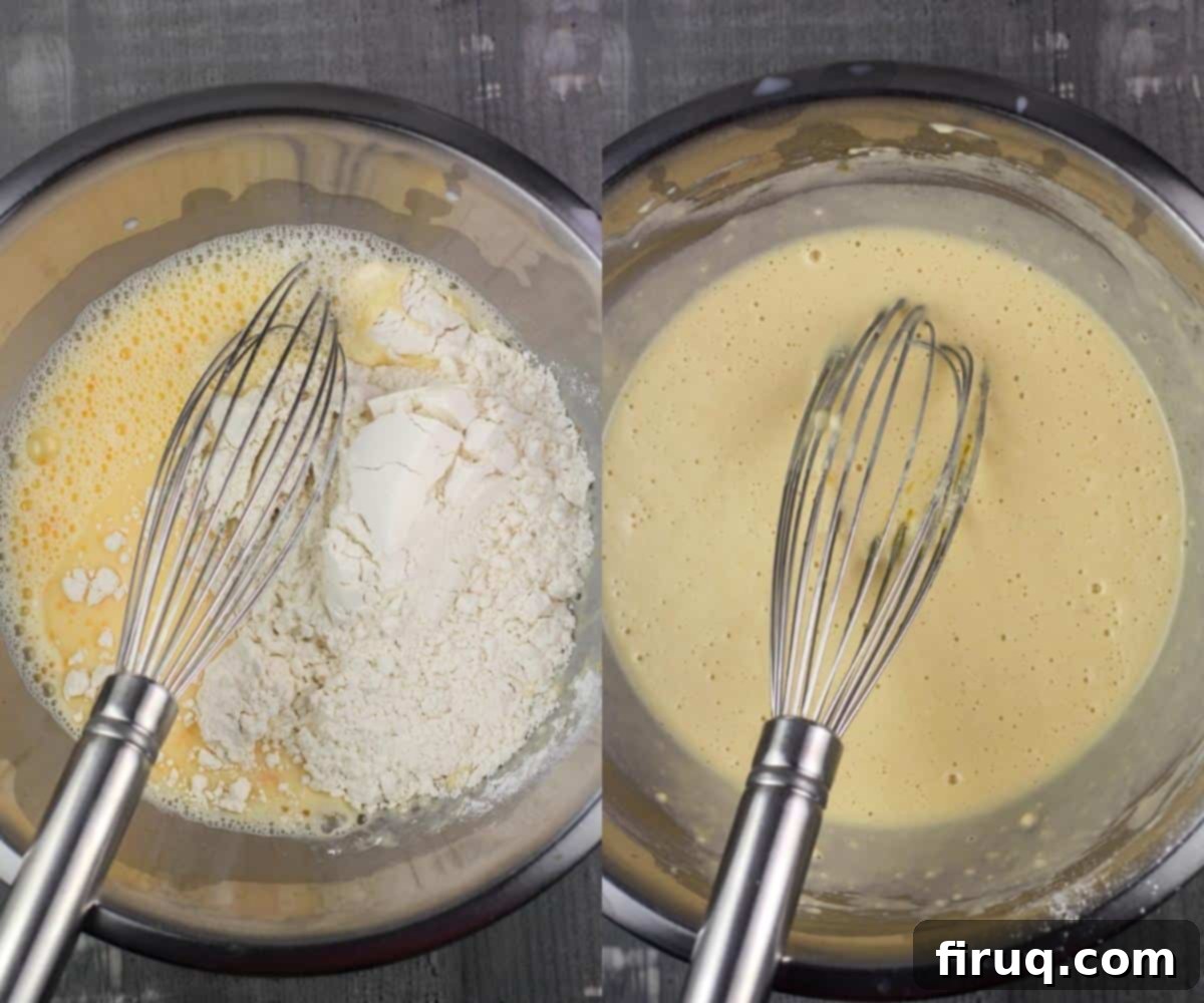 Fluffy Popover Perfection 5 collage of 2 photos: left, ingredients in bowl; right, ingredients mixed