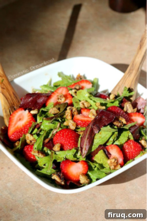 Strawberry Salad Ingredients Up Close Close-up of a bowl of Strawberry Salad featuring vibrant greens, sliced strawberries, and glistening candied walnuts.