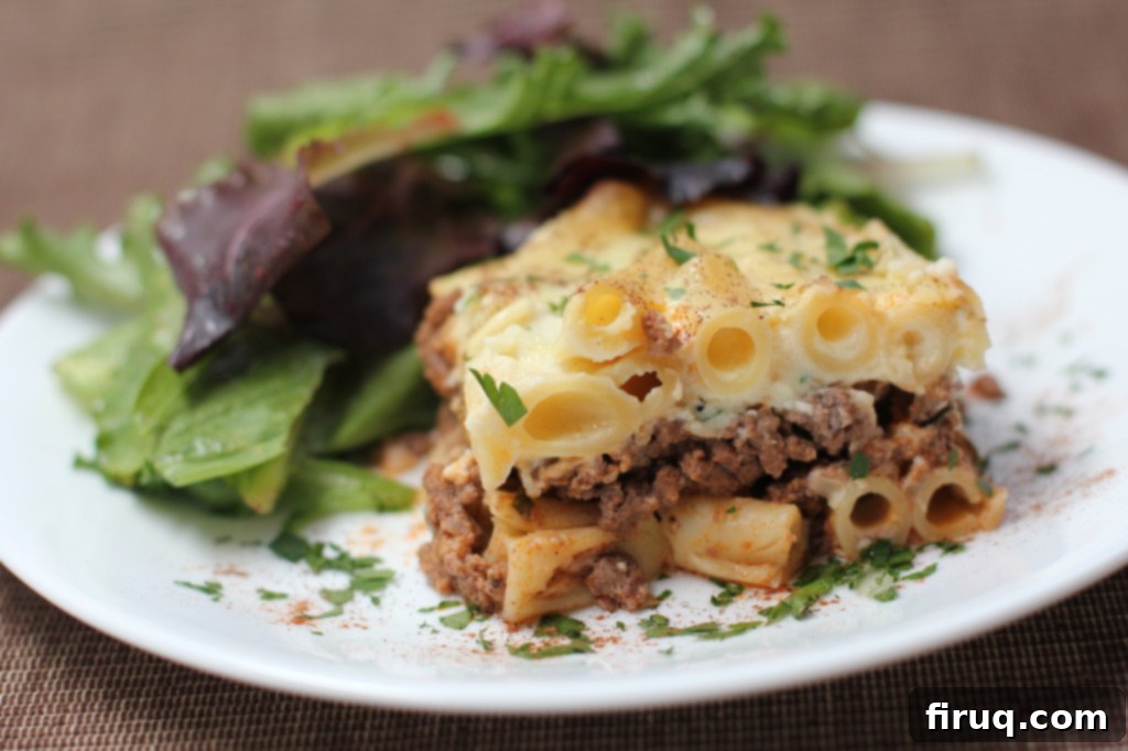 Hearty Greek Pasta Bake 2 Classic Pastitsio with its golden-brown béchamel topping, fresh from the oven, ready to be served