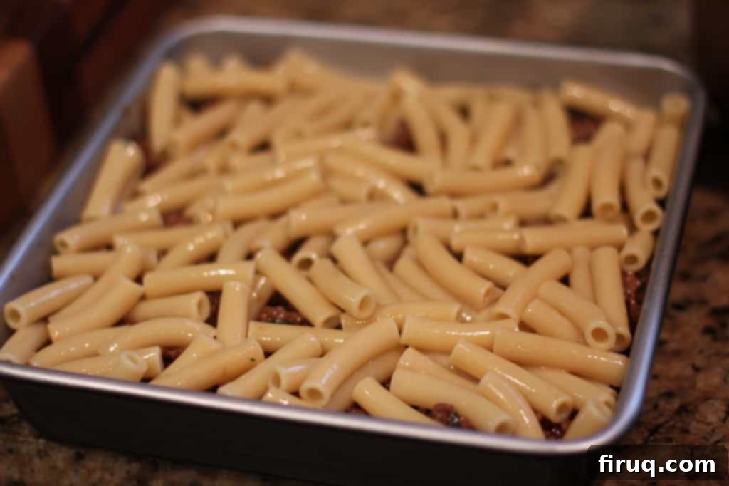 Hearty Greek Pasta Bake 3 A close-up view of the delicious layers of Pastitsio: pasta, seasoned ground beef, and creamy white sauce