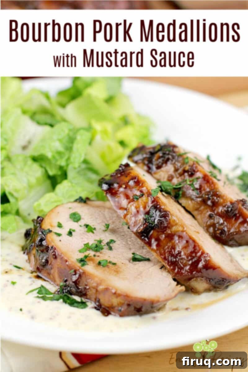 Bourbon-Glazed Pork Medallions with Zesty Mustard Sauce 14 image for pinterest with overlay text of recipe title