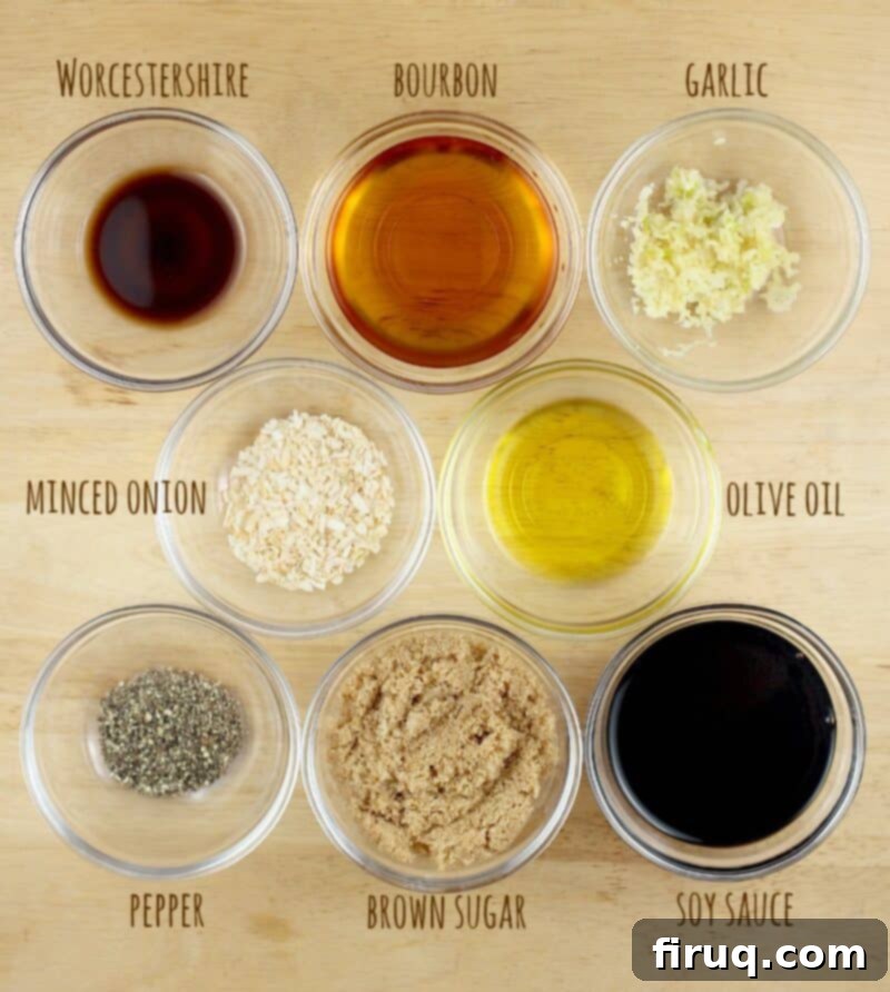 Bourbon-Glazed Pork Medallions with Zesty Mustard Sauce 4 bourbon marinade ingredients in small glass bowls