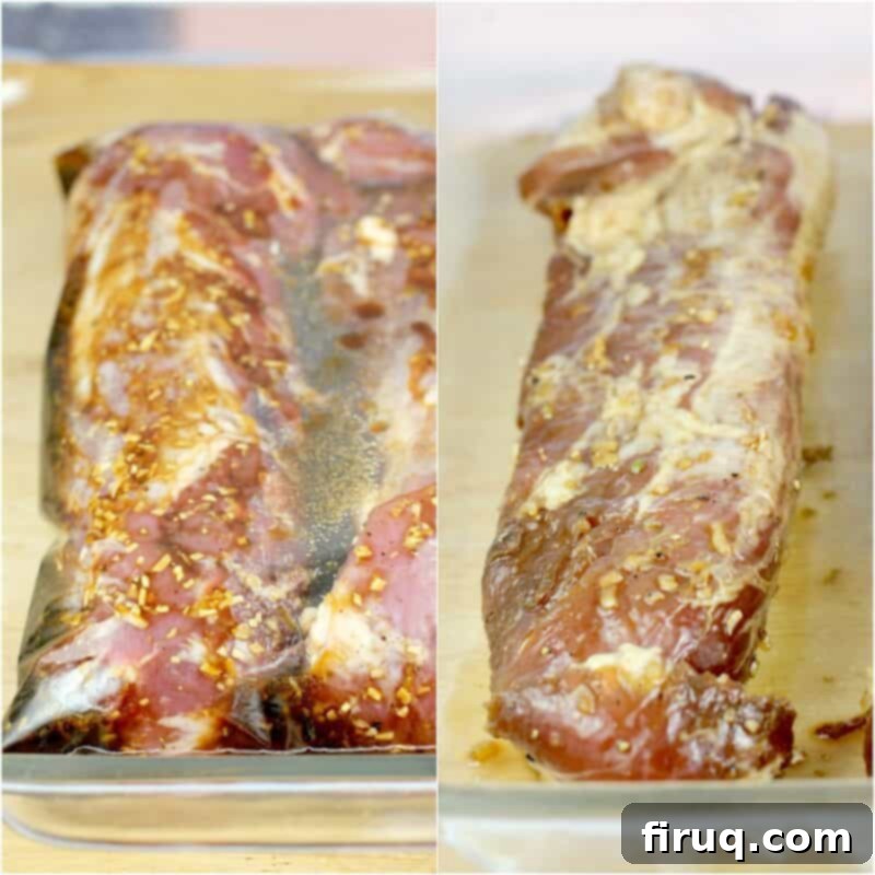 Bourbon-Glazed Pork Medallions with Zesty Mustard Sauce 5 collage of 2 photos: left, pork in marinade in a bag; right, pork removed from marinade in glass dish
