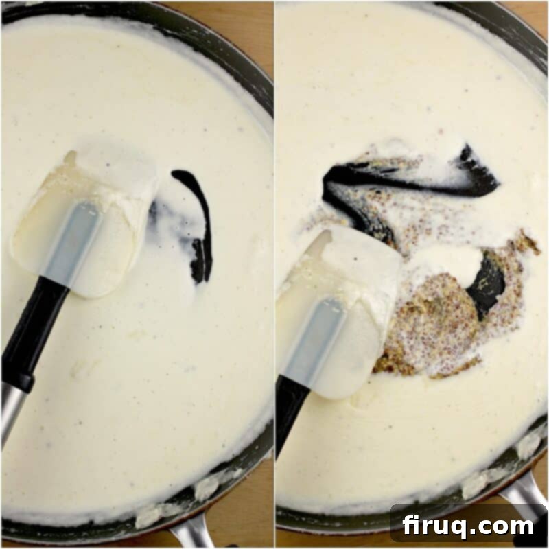 Bourbon-Glazed Pork Medallions with Zesty Mustard Sauce 6 collage of 2 photos: left, thickened cream in skillet; right, mustard added to the cream