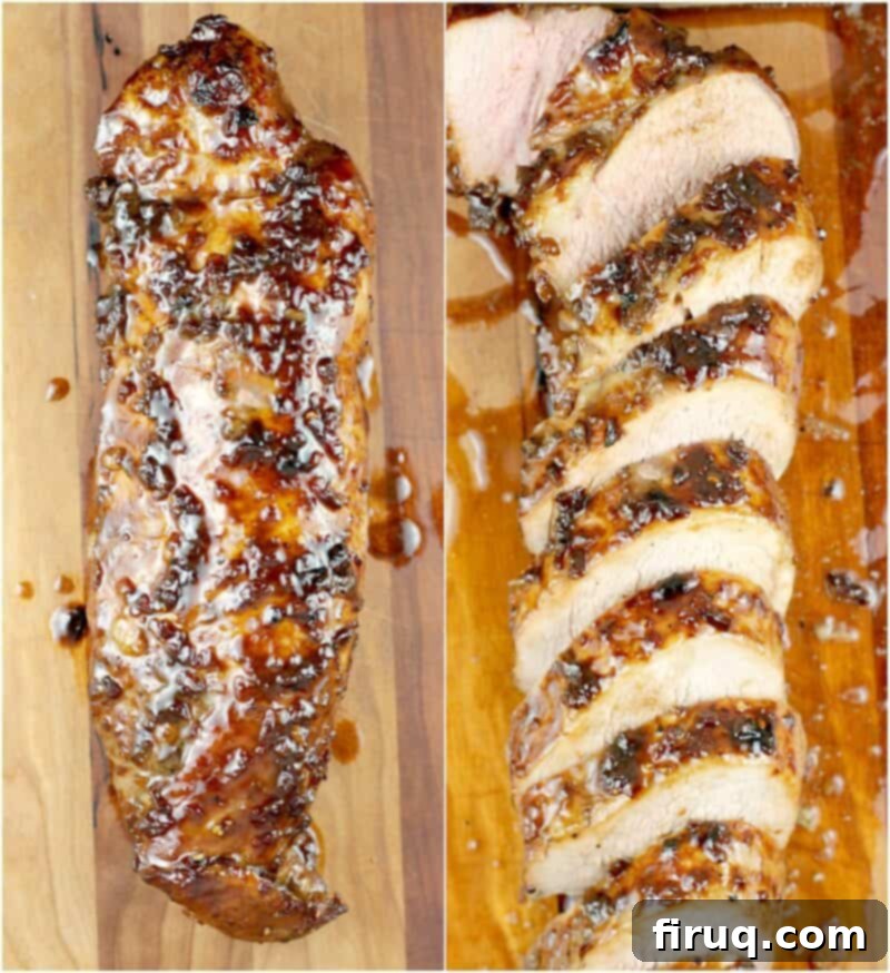 Bourbon-Glazed Pork Medallions with Zesty Mustard Sauce 10 collage of 2 photos: left, cooked pork tenderloin; right, sliced pork tenderloin