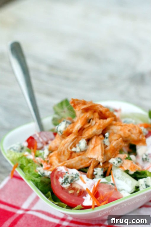 Buffalo Chicken Salad with Blue Cheese Dressing Ingredients Close-up of Buffalo Chicken Salad with homemade blue cheese dressing