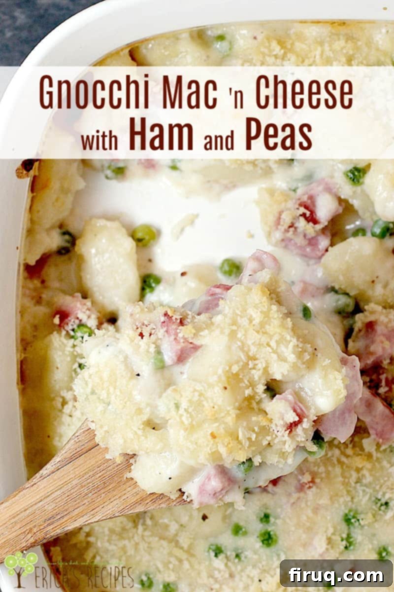 Gnocchi Mac and Cheese with Ham and Peas 6 With cheesy potato dumplings and sweet peas, this cozy Gnocchi Mac 'N Cheese with Ham and Peas casserole is a perfect way to use up leftover holiday ham. #food #recipe #macaroniandcheese #macncheese #gnocchi #dinner #cheese
