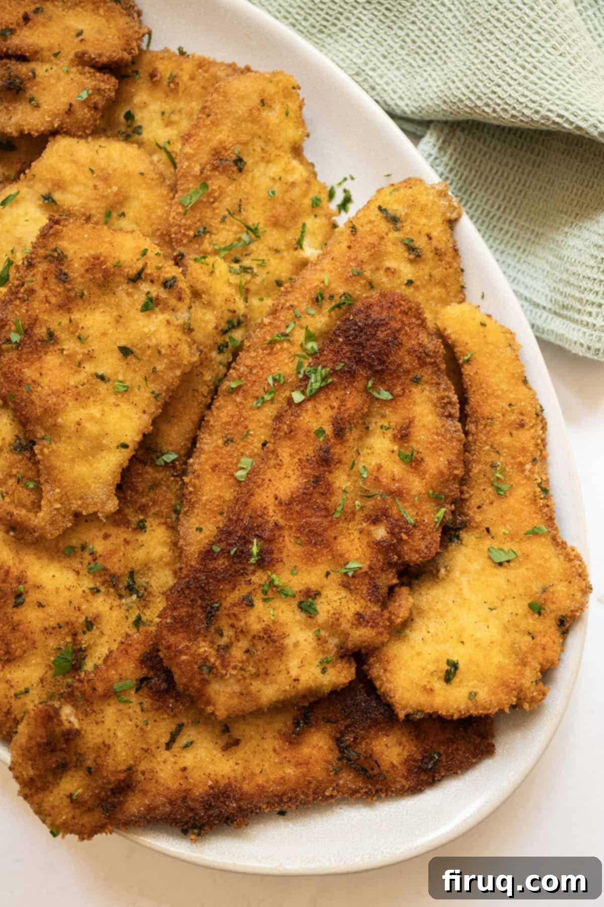 Crispy Golden Italian Chicken Cutlets 2 Piled high crispy Italian chicken cutlets on a white plate, garnished with fresh parsley.