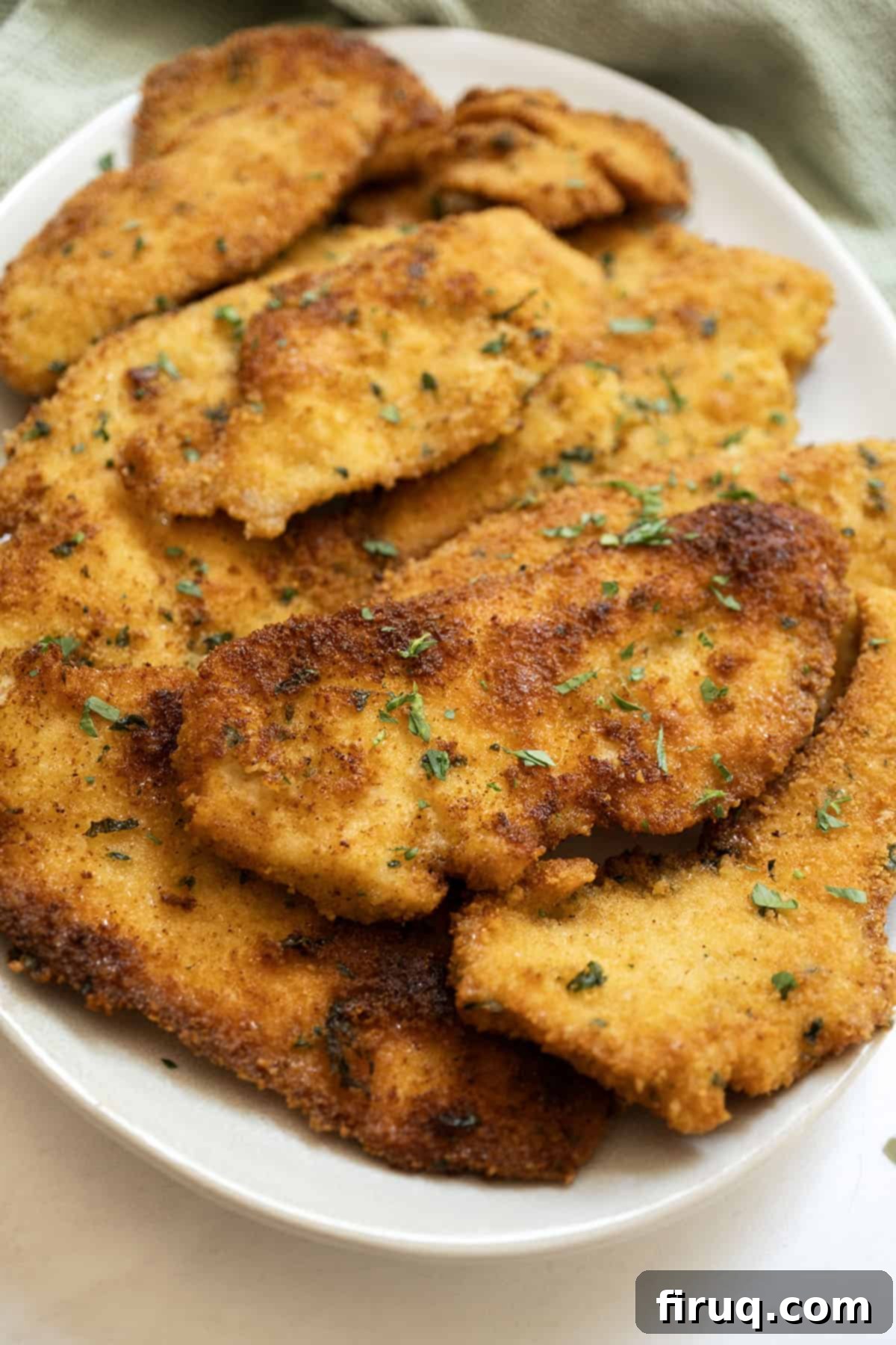 Crispy Golden Italian Chicken Cutlets 14 A generous pile of golden Italian chicken cutlets on a white plate, ready to be served.