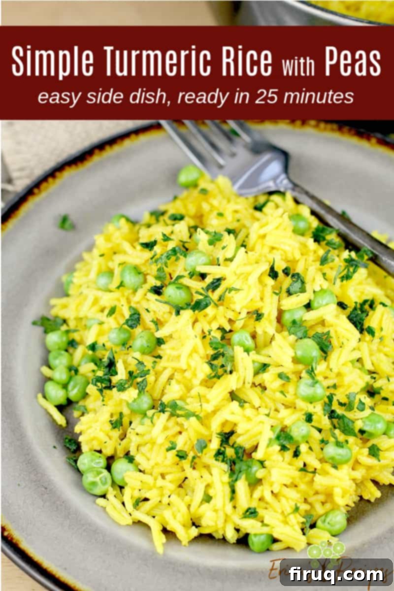 Golden Turmeric Pea Rice 9 image for sharing on pinterest with test overlay of recipe title