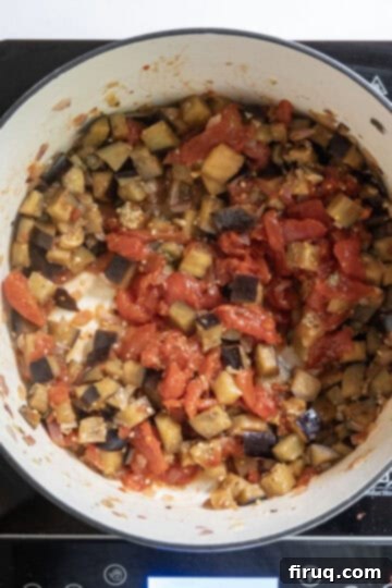 Tangy Eggplant Caponata 8 Crushed whole plum tomatoes being added to the simmering eggplant and onion mixture for Caponata.