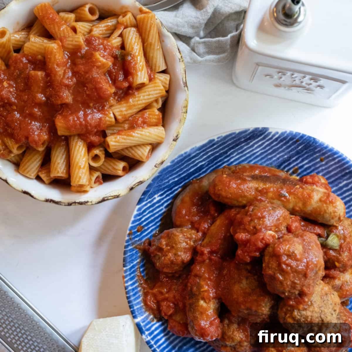 Grandma's Traditional Sunday Gravy 12 Sunday Sauce over pasta with a plate of meatballs and sausage.